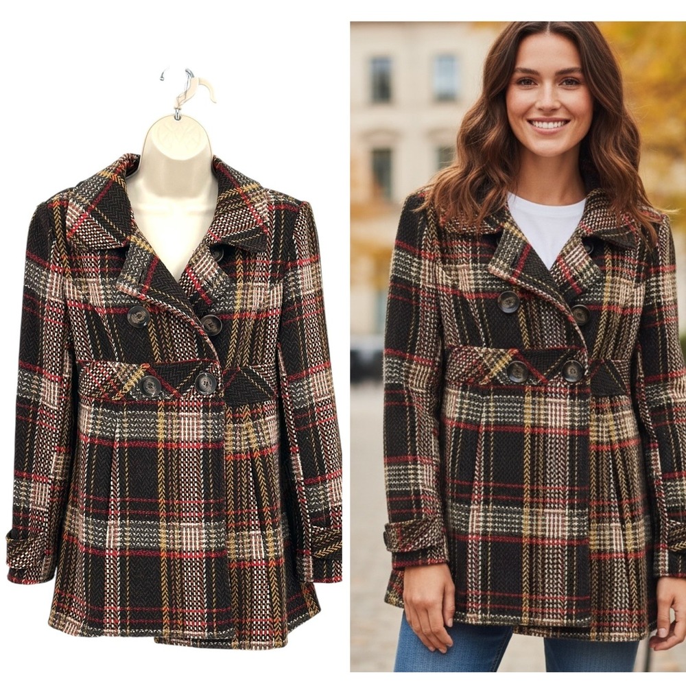 Boston Proper Peacoat Women's Small Brown Plaid Wool Blend Double Breasted